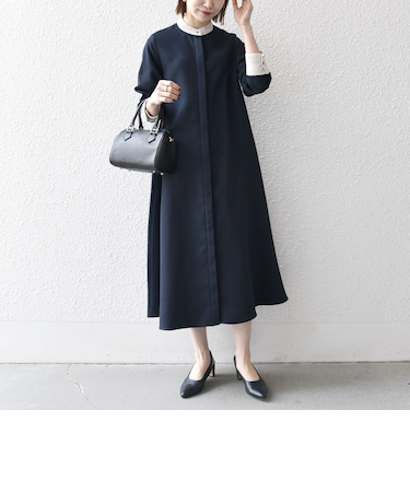 【WEB限定】SHIPS any:〈洗濯機可能〉ダブルクロス Aライン シャツワンピース［NAVY BLUE］