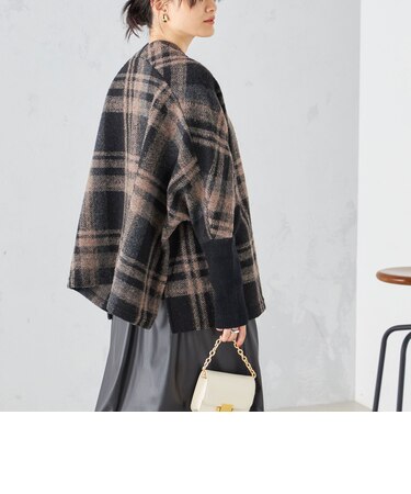 〈手洗い可能〉袖 リブ 切り替え チェック ショート 羽織 ◇