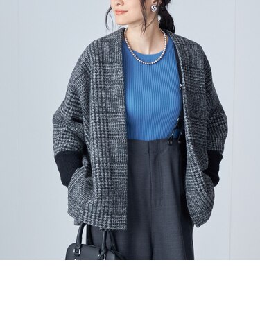 〈手洗い可能〉袖 リブ 切り替え チェック ショート 羽織 ◇
