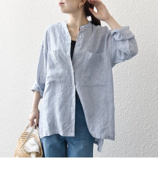 SHIPS any:〈洗濯機可能〉リネン スタンドカラー ポケット シャツ（ストライプ）