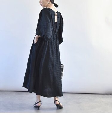 quaranciel:〈洗濯機可能〉フクレ ジャカード パフスリーブ エンパイア ワンピース