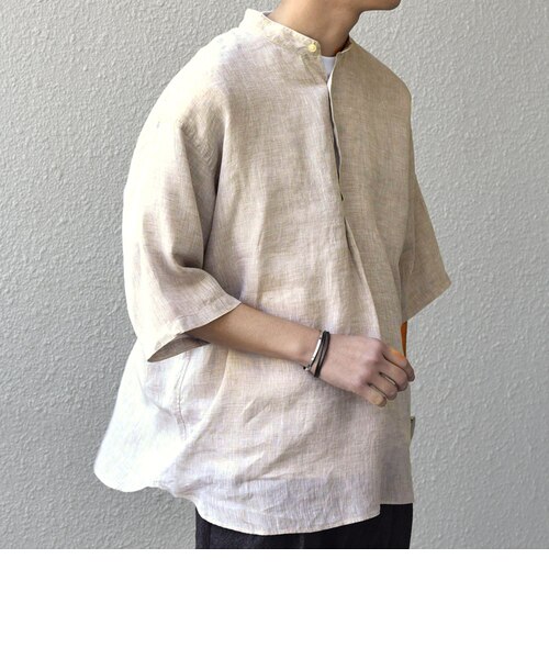 美品 SHIPS シップススキッパーショートスリーブプルオーバー リネン混 