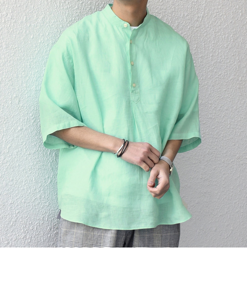 SHIPS any: ピュアリネン バンド スキッパー ハーフスリーブ プルオーバー シャツ 25SS◇