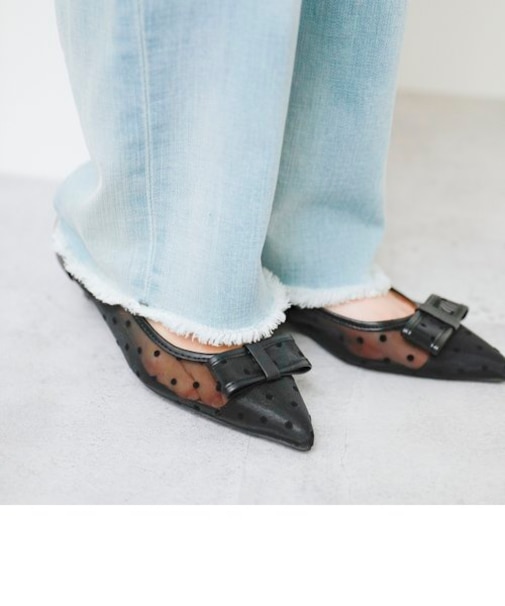 quaranciel: シアー ドット リボン ポインテッド パンプス