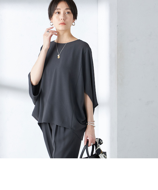 〈接触冷感 / 手洗い可能〉アセテート混 バック サテン ドルマン ブラウス