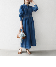 《一部予約》SHIPS any: シャーリング デニム ポケット ワンピース ［SHIPS any DENIM］