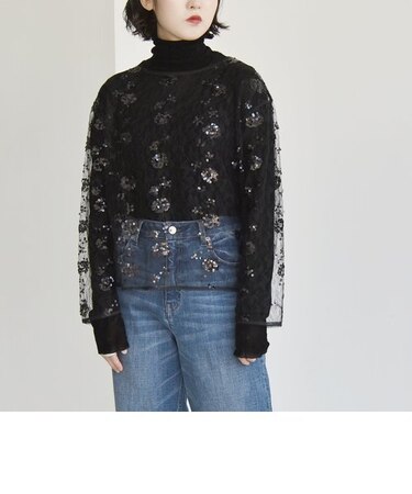 quaranciel:〈手洗い可能〉スパンコール 刺繍 レース ブラウス