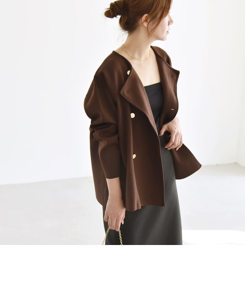 《一部予約》quaranciel:〈手洗い可能〉ニット ノーカラー ダブルジャケット カーディガン