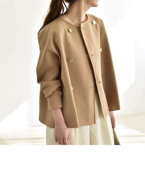 《一部追加予約》quaranciel:〈手洗い可能〉ニット ノーカラー ダブルジャケット カーディガン