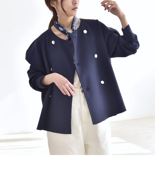 quaranciel ノーカラーダブルジャケット quaranciel:〈手洗い可能〉ニット ノーカラー ダブル ジャケット