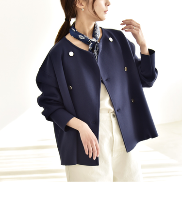 《一部予約》quaranciel:〈手洗い可能〉ニット ノーカラー ダブルジャケット カーディガン