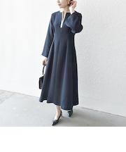 【WEB限定】SHIPS any: ダブルクロス ウエスト タック Aライン ワンピース ［NAVY BLUE］
