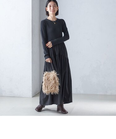 〈手洗い可能〉リブ ニット 長袖 × 布帛 ギャザー スカート ワンピース