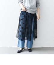 bon_meur: フラワー ビーズ ラップスカート × ストレート パンツ セット