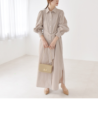 quaranciel:〈洗濯機可能〉シャンブレー パフ ロング シャツ ワンピース