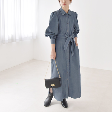 quaranciel:〈洗濯機可能〉シャンブレー パフ ロング シャツ ワンピース