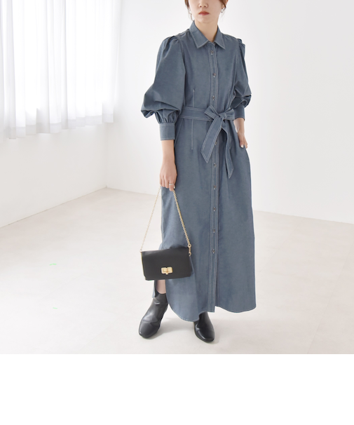 quaranciel:〈洗濯機可能〉シャンブレー パフ ロング シャツ ワンピース