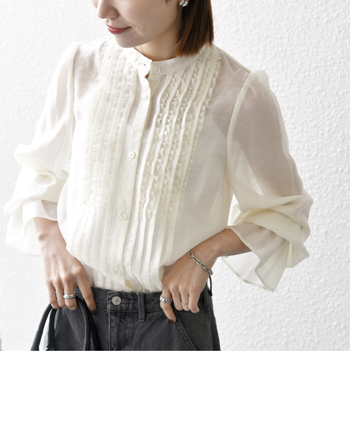 《予約》SHIPS any:〈手洗い可能〉シアー フリル バンドカラー シャツ ブラウス
