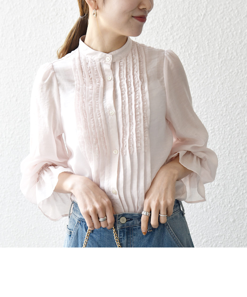 《予約》SHIPS any:〈手洗い可能〉シアー フリル バンドカラー シャツ ブラウス