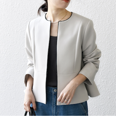 《追加予約》SHIPS any:〈洗濯機可能〉ダブルクロス  ペプラム ノーカラー ジャケット［NAVY BLUE］