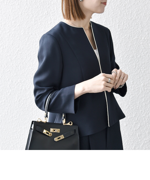 SHIPS any:〈洗濯機可能〉ダブルクロス  ペプラム ノーカラー ジャケット［NAVY BLUE］