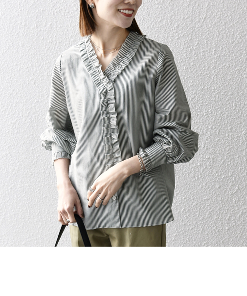 《追加予約》SHIPS any:〈手洗い可能〉ストライプ フリル Vネック シャツ ブラウス