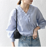 《追加予約》SHIPS any:〈手洗い可能〉ストライプ フリル Vネック シャツ ブラウス