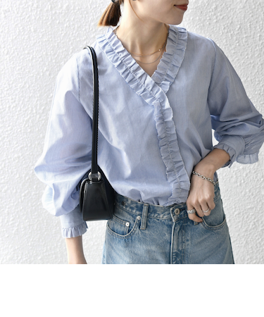 《追加予約》SHIPS any:〈手洗い可能〉ストライプ フリル Vネック シャツ ブラウス