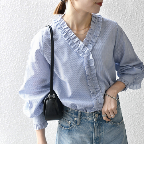 《追加予約》SHIPS any:〈手洗い可能〉ストライプ フリル Vネック シャツ ブラウス