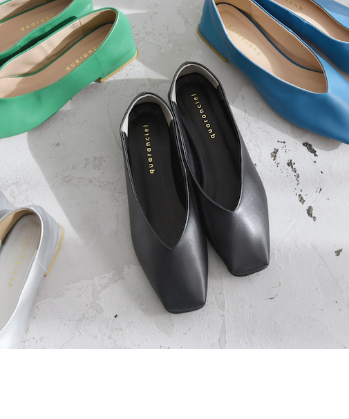 quaranciel: Vカット スクエア トゥ フラットシューズ