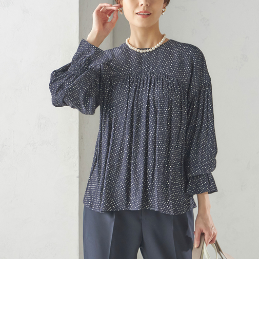 〈手洗い可能〉割繊 クルーネック ギャザー ブラウス