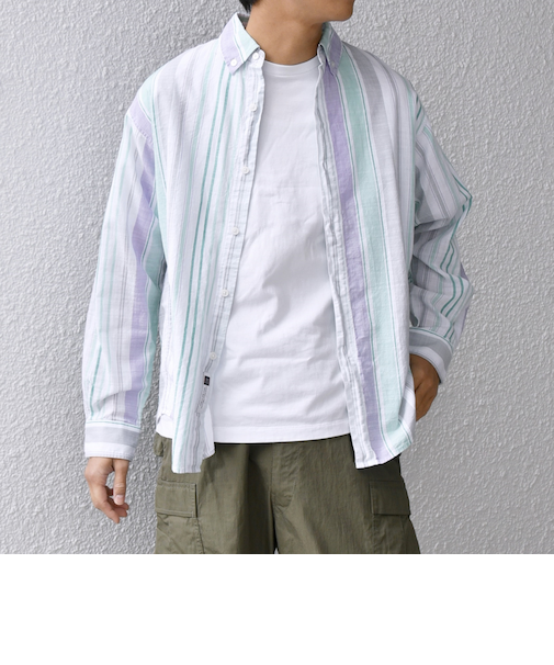 SHIPS any: BEZ TEXTILE マルチカラー ストライプ / ソリッド ボタンダウン シャツ◇