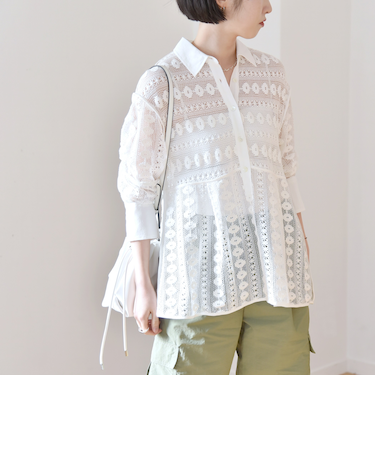 quaranciel:〈手洗い可能〉クロシェ レース ペプラム シャツ ブラウス