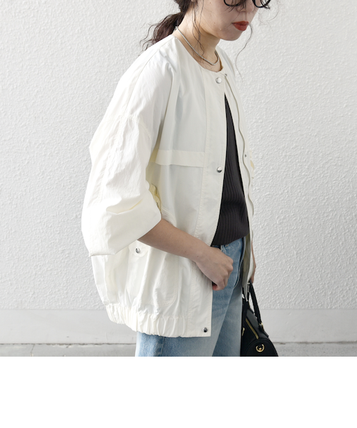 SHIPS any:〈洗濯機可能〉ナイロン ギャザー ノーカラー コクーン ブルゾン