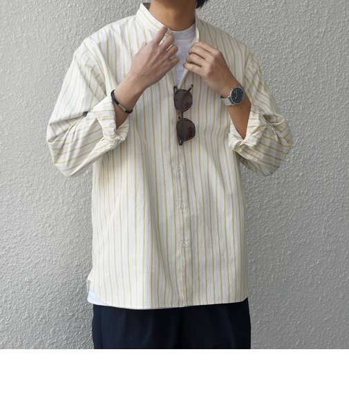 SHIPS any:〈洗濯機可能〉コットン/リネン ストライプ バンドカラー シャツ◇
