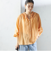 〈手洗い可能〉シルク混 シアー フリル ネック ギャザー ブラウス