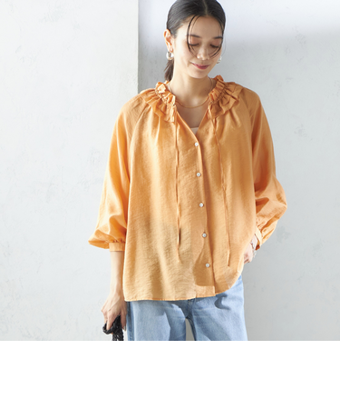 〈手洗い可能〉シルク混 シアー フリル ネック ギャザー ブラウス