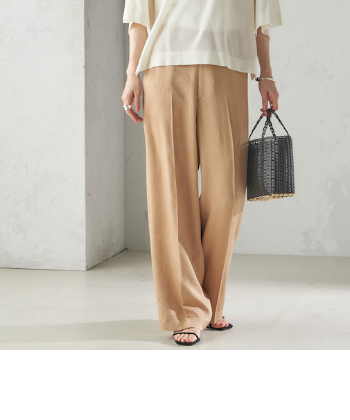 〈接触冷感/吸水速乾〉アセテート ワッシャー ウエスト デザイン パンツ