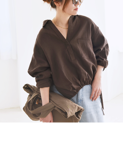 quaranciel :〈洗濯機可能〉ラミー ギャザー スキッパー プルオーバー シャツ