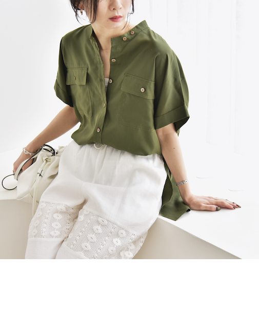 quaranciel:〈手洗い可能〉バンドカラー ハーフスリーブ ポケット ワーク シャツ