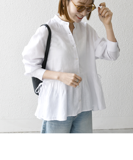 SHIPS any:〈洗濯機可能〉リネン ミックス リボン ペプラム バンドカラー シャツ