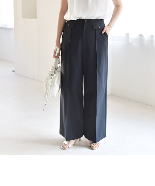 quaranciel: フラップ デザイン センター シーム セミ ワイド パンツ(セットアップ対応)