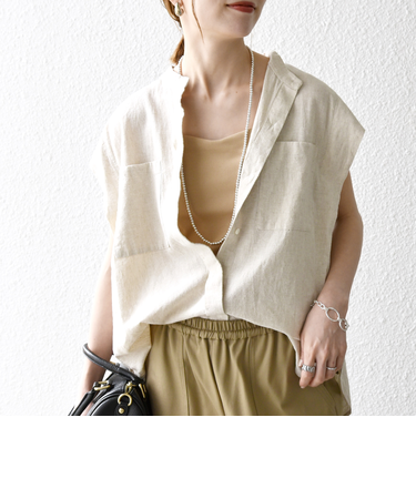 SHIPS any:〈洗濯機可能〉リネン コットン バンドカラー フレンチスリーブ ポケット シャツ