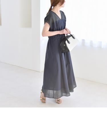 quaranciel :〈洗濯機可能〉シアー ドッキング Vネック フレンチスリーブ ワンピース