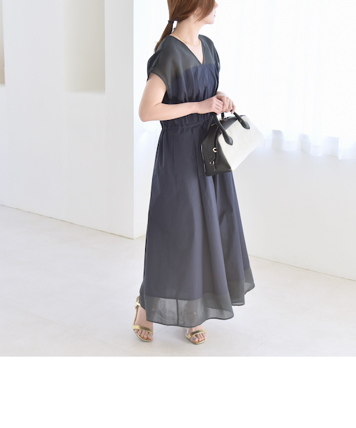 quaranciel :〈洗濯機可能〉シアー ドッキング Vネック フレンチスリーブ ワンピース