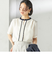 〈手洗い可能〉パイピング キーネック 半袖 ブラウス