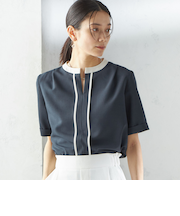〈手洗い可能〉パイピング キーネック 半袖 ブラウス