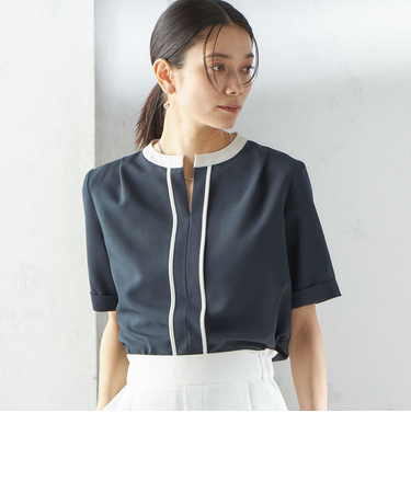 〈手洗い可能〉パイピング キーネック 半袖 ブラウス