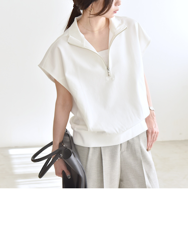 quaranciel:〈洗濯機可能〉ライト ポンチ ハーフジップ フレンチスリーブ TEE