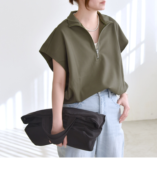 quaranciel:〈洗濯機可能〉ライト ポンチ ハーフジップ フレンチスリーブ TEE